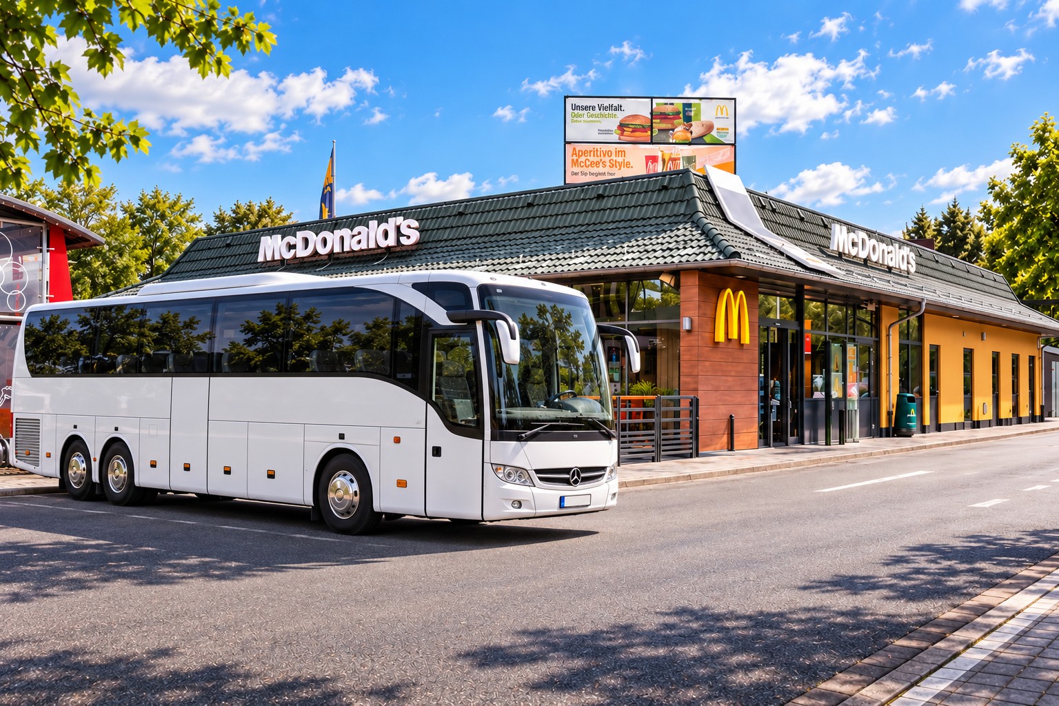 Reisebus vor dem McDonald’s Restaurant in Biberach – Fotomontage
